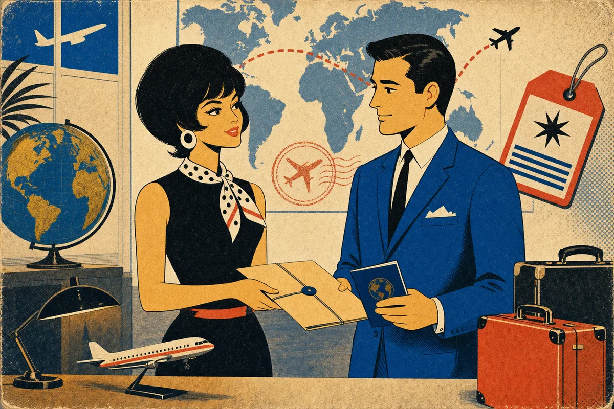 Deux agents de l’Agence 67 échangent un dossier de voyage devant une carte du monde
